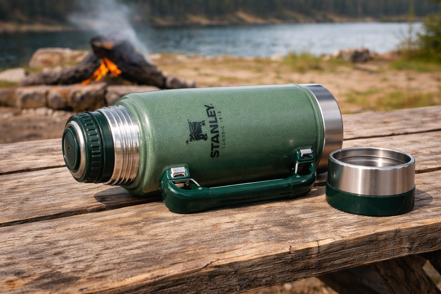 ermos Stanley Legendary Classic 1,4L w kolorze Hammertone Green z rozłożoną rączką i widocznym korkiem przepływowym