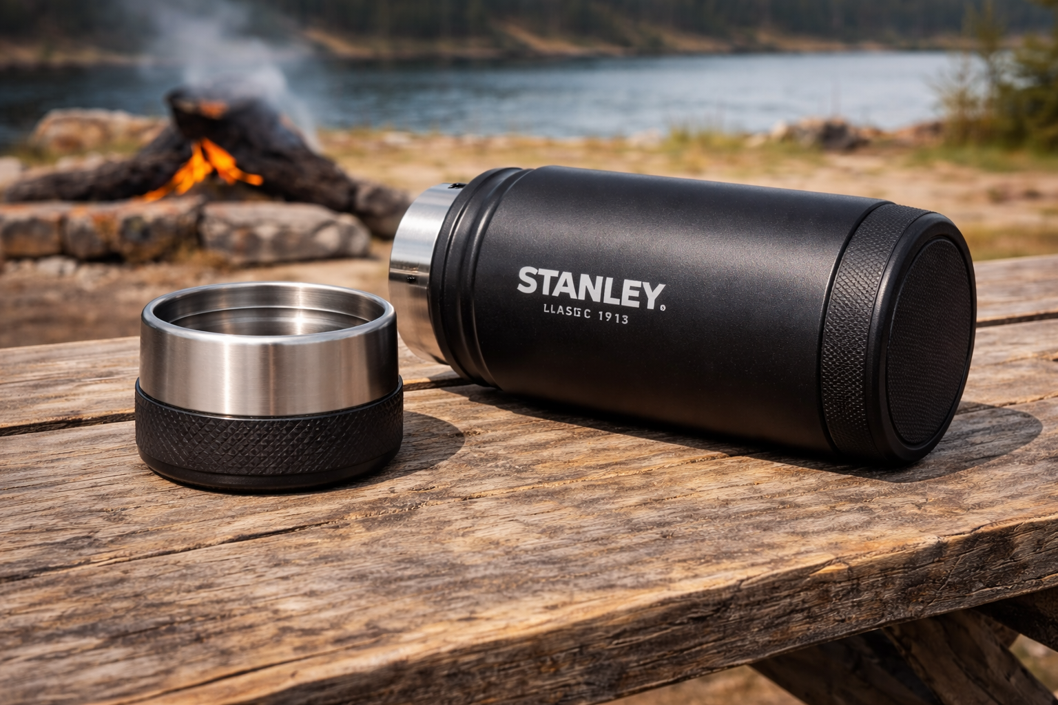 Termos Stanley Master QuadVac 1,3L w kolorze czarnym z widocznym kubkiem-zakrętką z izolacją pr&oacute;żniową"